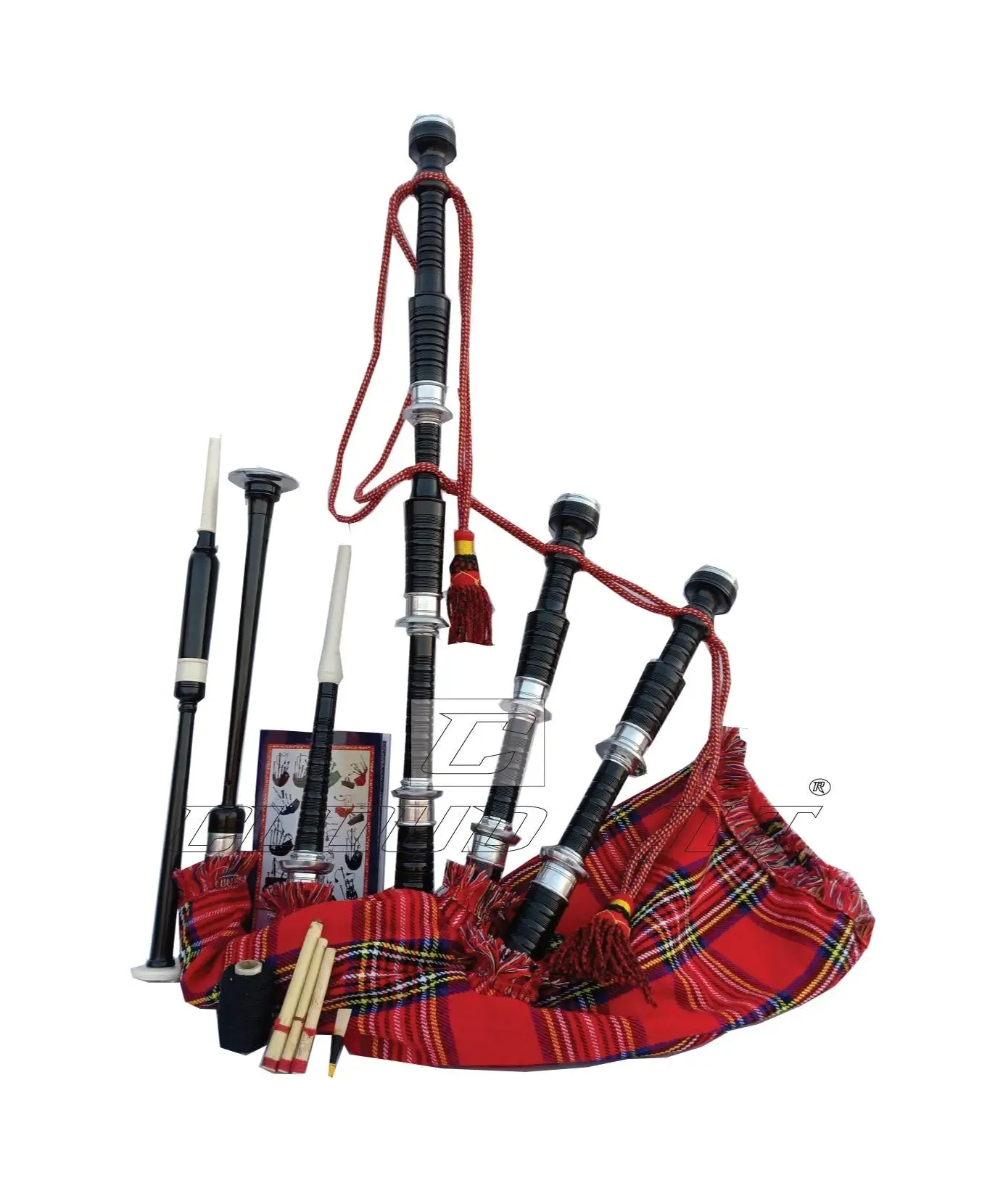 Royal Stewart Tartan Black With Silver Finish Bagpipe Set With Hard Case