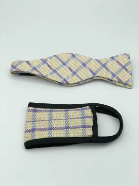 Self Bow Tie & Face Mask Set, Beige Plaid