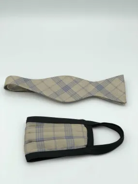 Self Bow Tie & Face Mask Set, Taupe Plaid