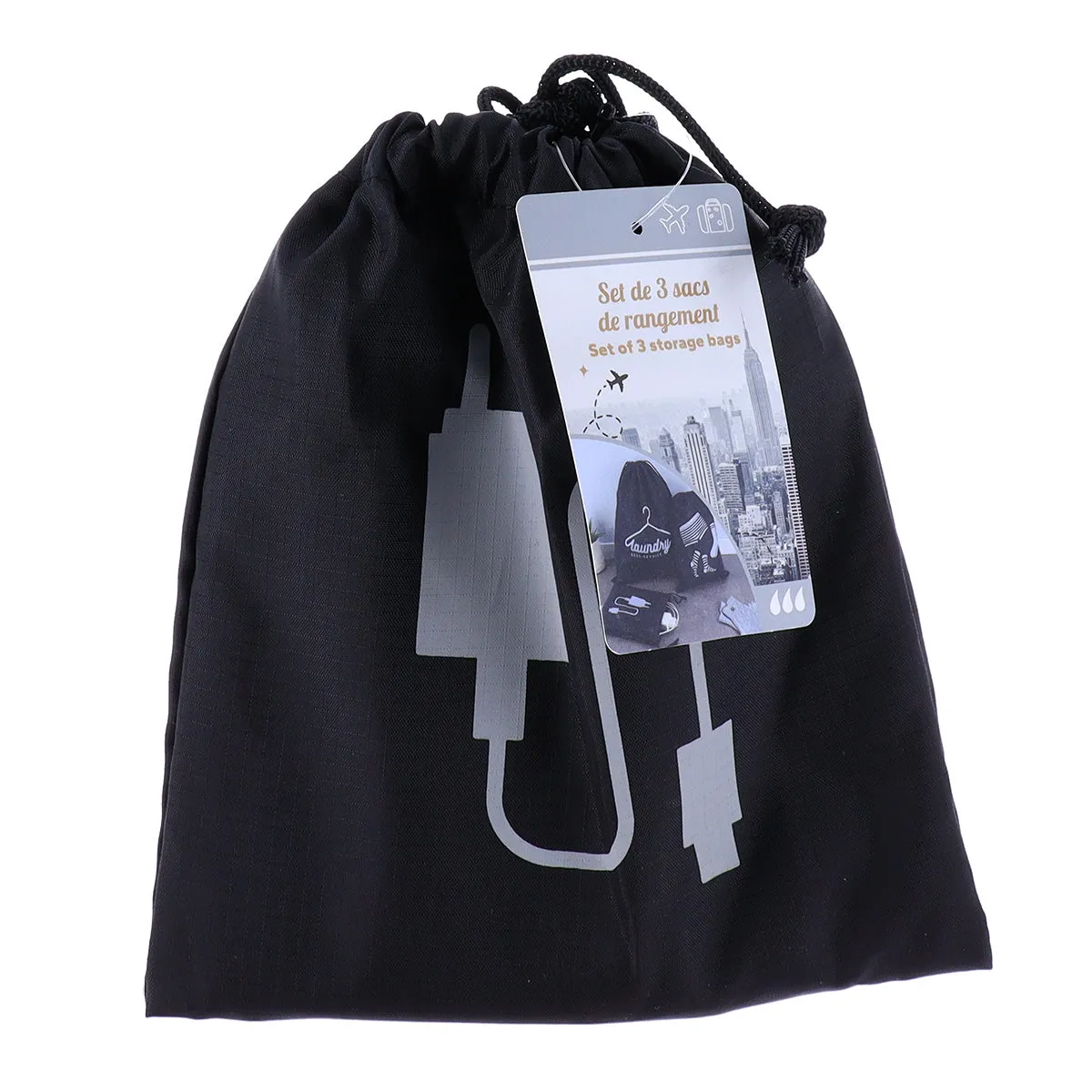 Set Of 3 Travel Drawstring Bags/Black