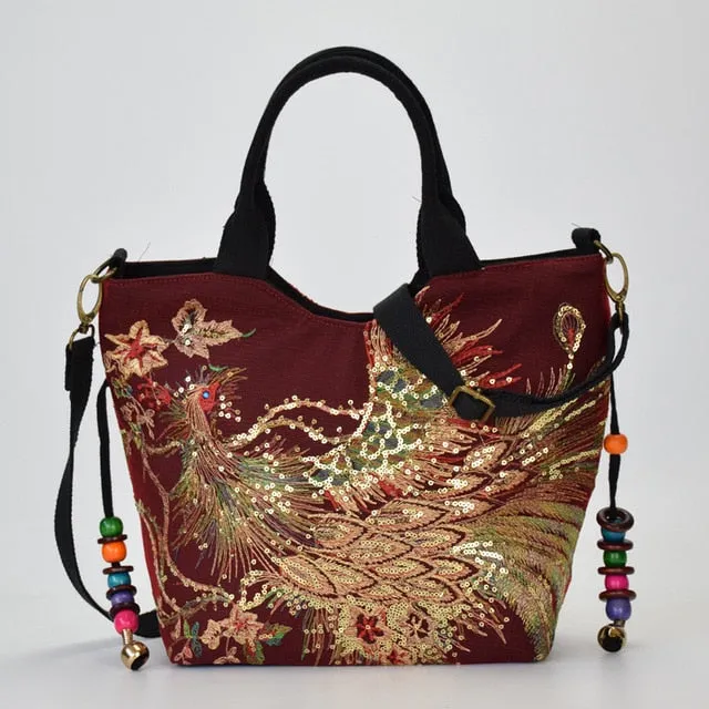 Shiny Peacock Embroidered Tote Bag Retro Casual Large Handbag Shoulder Belt