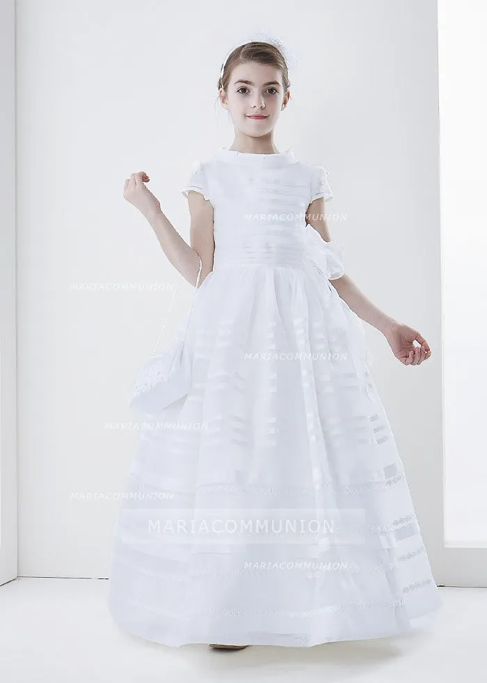 Short Sleeve Ball Gown Organza Long First Communion Dress With Beading