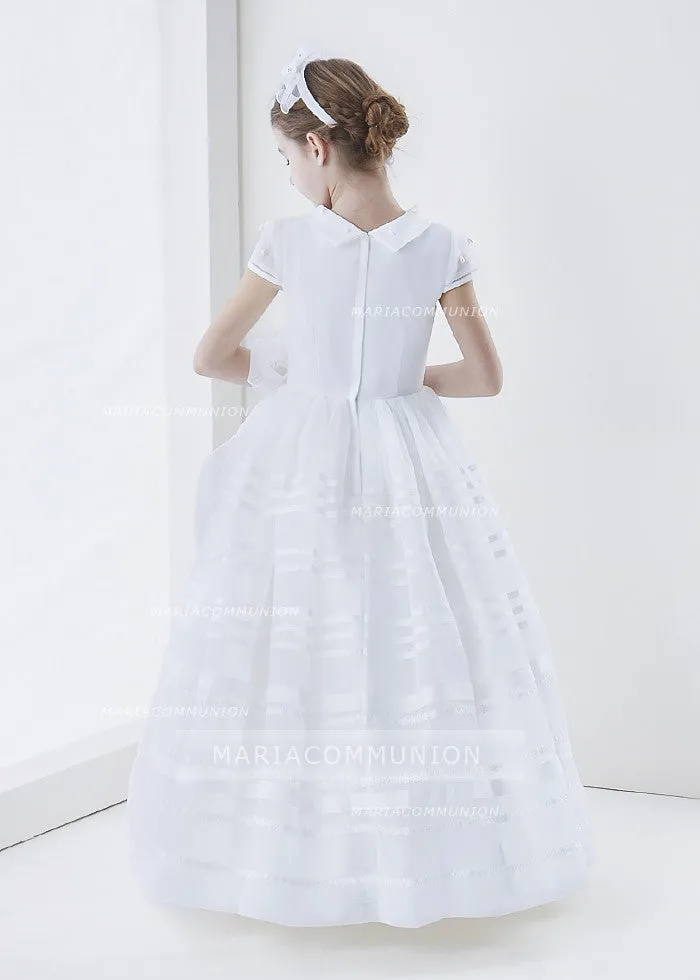 Short Sleeve Ball Gown Organza Long First Communion Dress With Beading