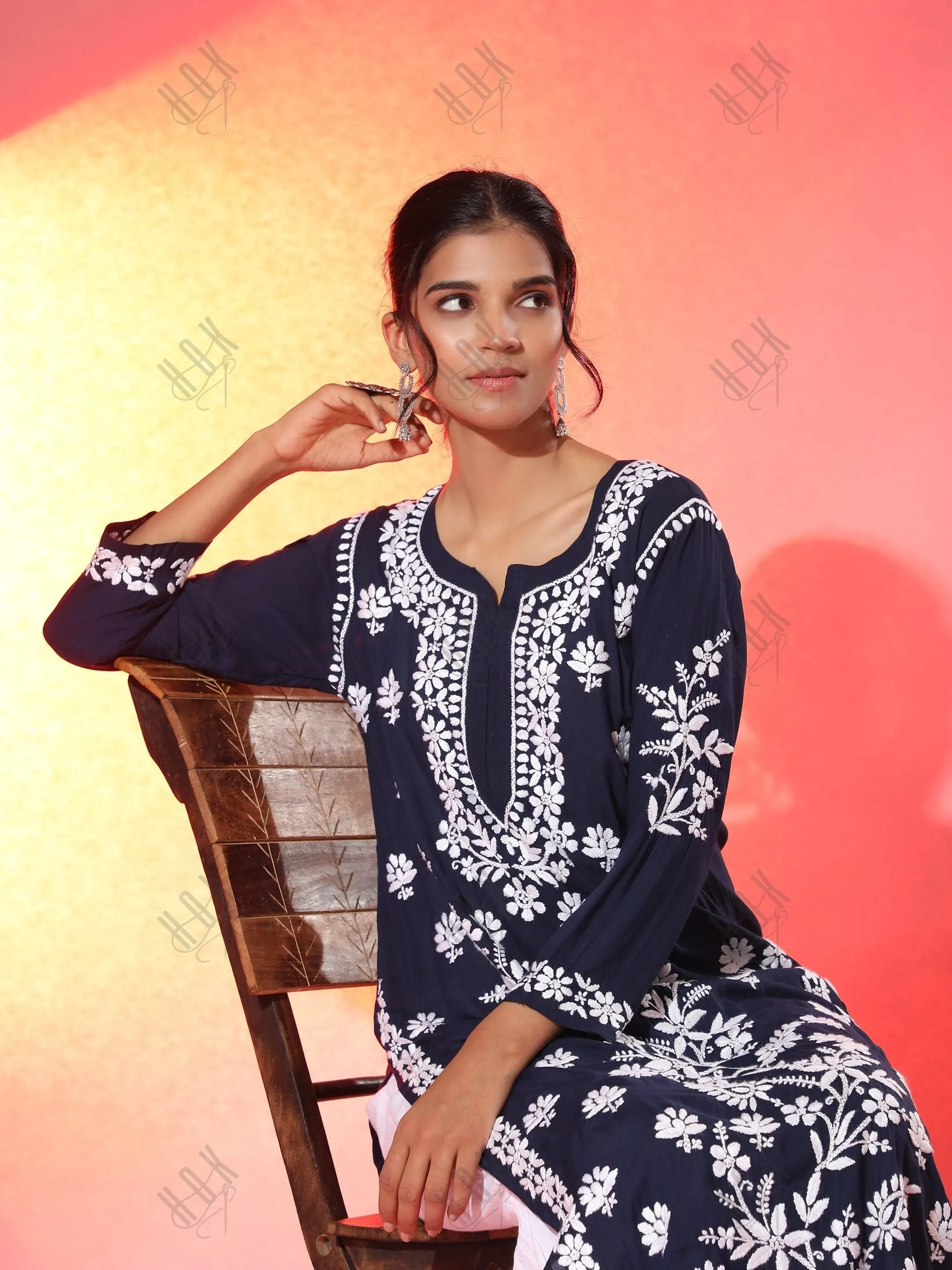 Simran in Premium Hand Embroidery Chikankari Kurta Modal Cotton- Blue