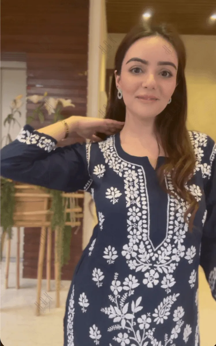 Simran in Premium Hand Embroidery Chikankari Kurta Modal Cotton- Blue