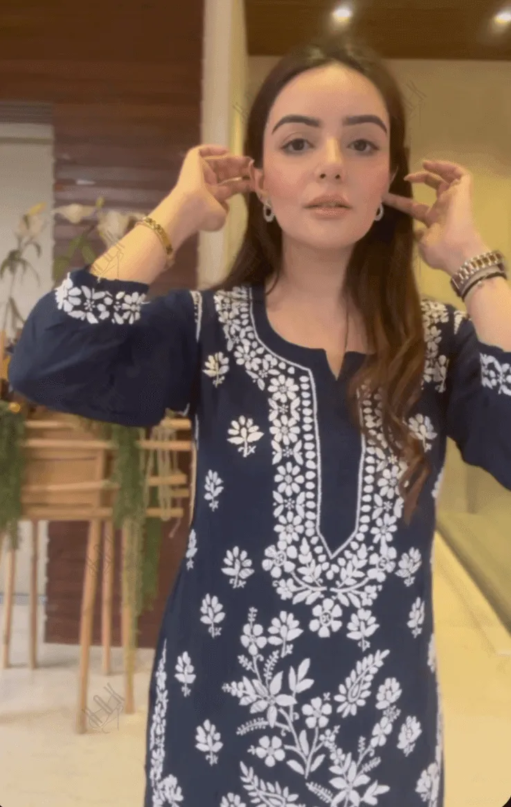 Simran in Premium Hand Embroidery Chikankari Kurta Modal Cotton- Blue