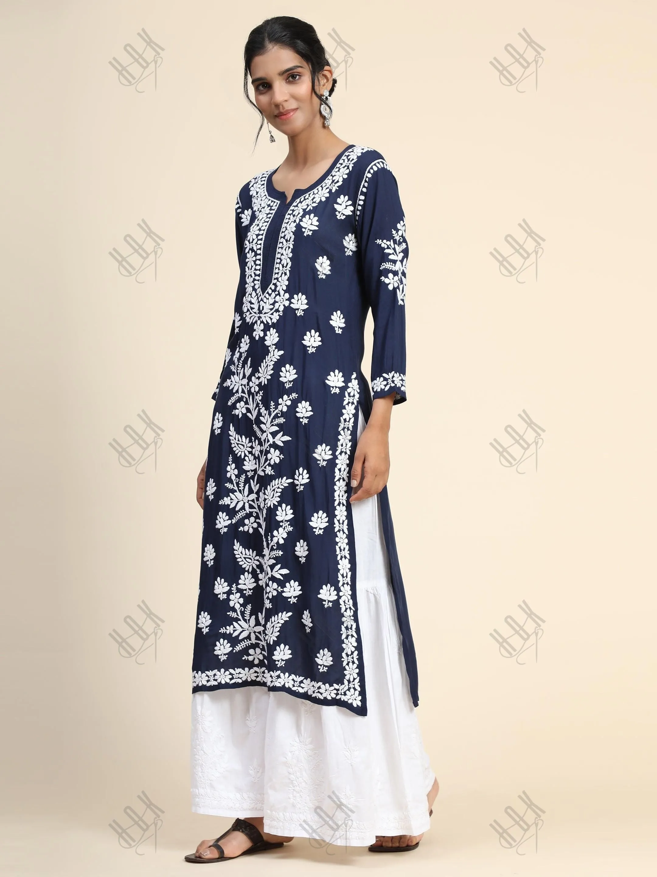 Simran in Premium Hand Embroidery Chikankari Kurta Modal Cotton- Blue