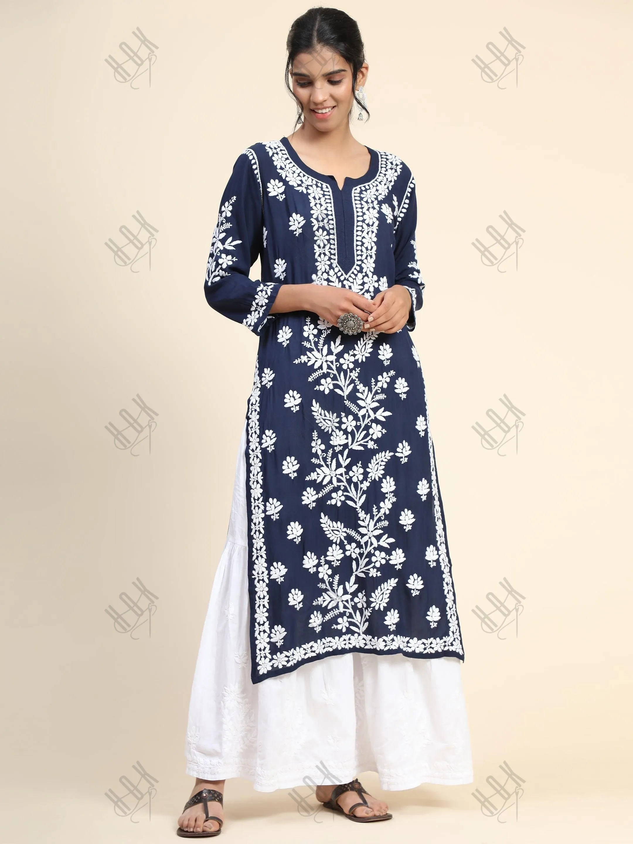 Simran in Premium Hand Embroidery Chikankari Kurta Modal Cotton- Blue