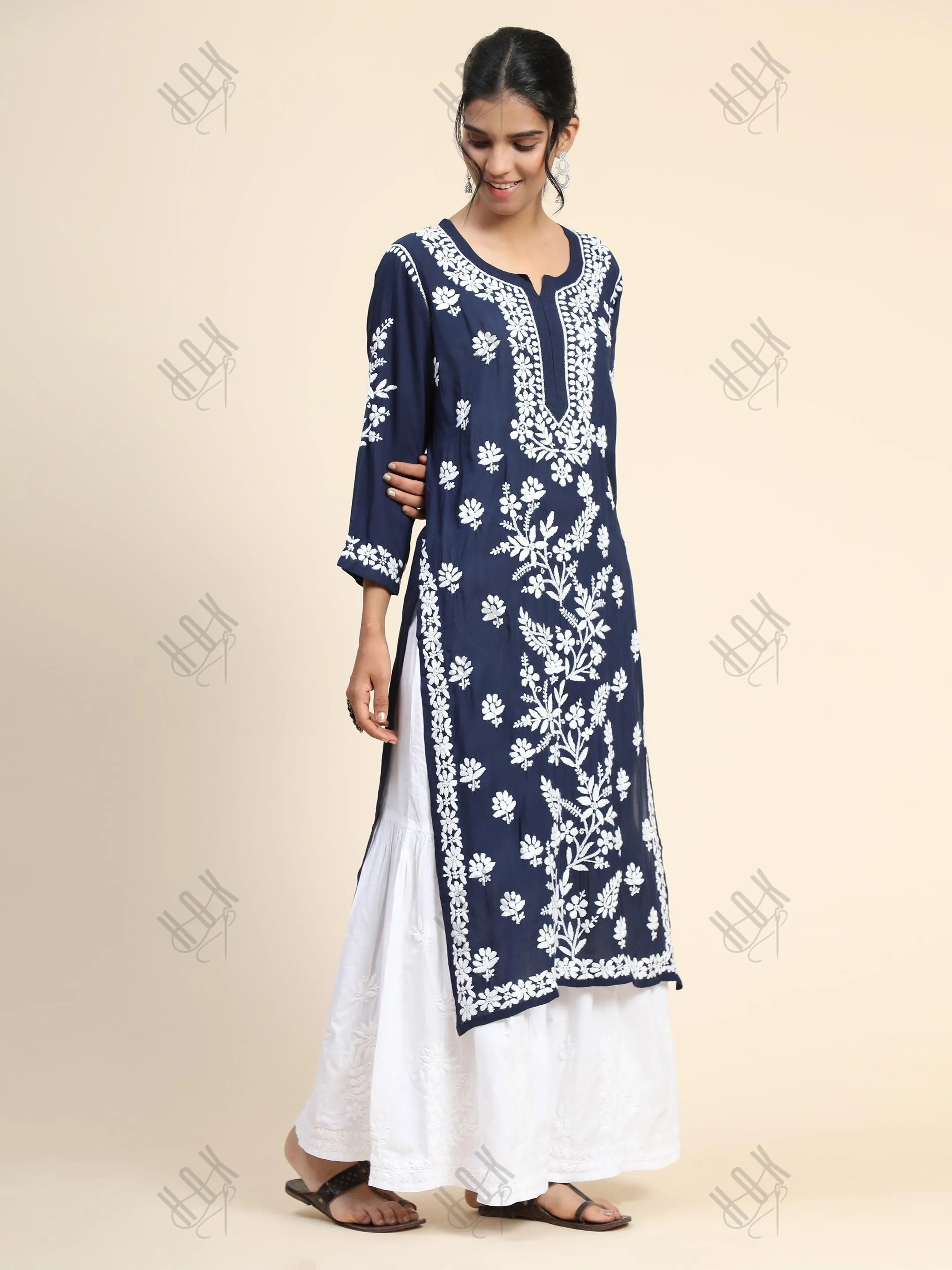 Simran in Premium Hand Embroidery Chikankari Kurta Modal Cotton- Blue