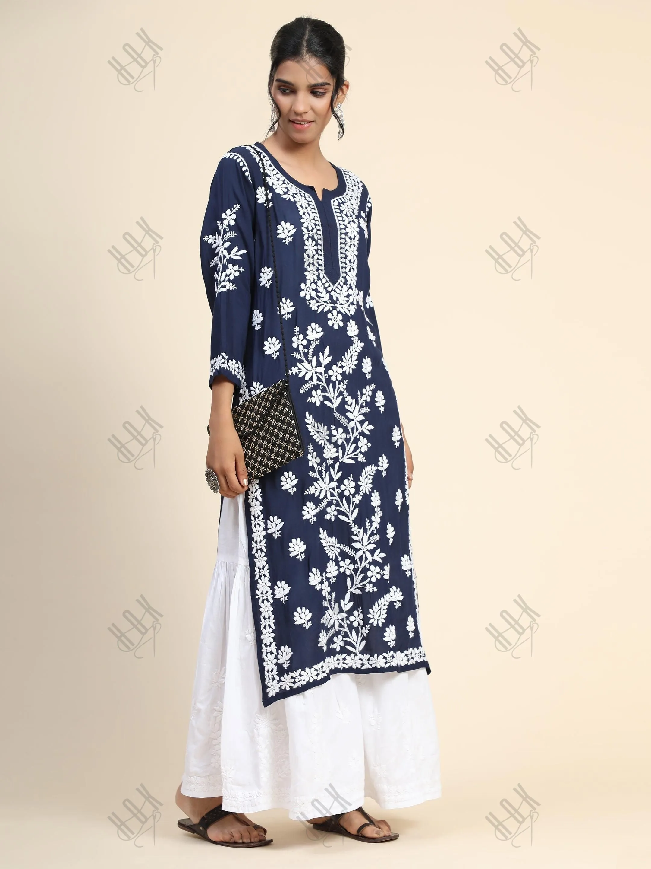 Simran in Premium Hand Embroidery Chikankari Kurta Modal Cotton- Blue