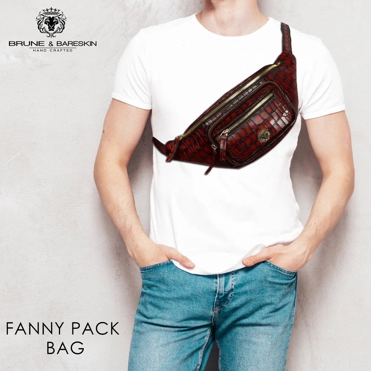 Smoky Waist Bag In Croco Textured Tan Leather