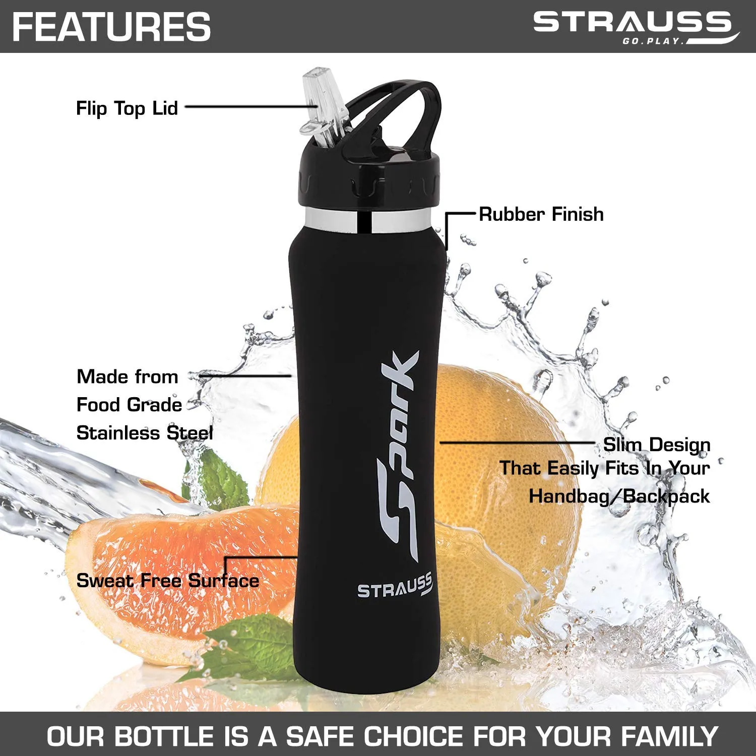 STRAUSS Spark Stainless-Steel Bottle | Leak-Proof Water Bottle | Water Bottle for Travel, Hiking, Trekking, Home, Office & School | Non-Toxic & BPA Free Steel Bottles | 750 ml,(Rubber Finish Black)