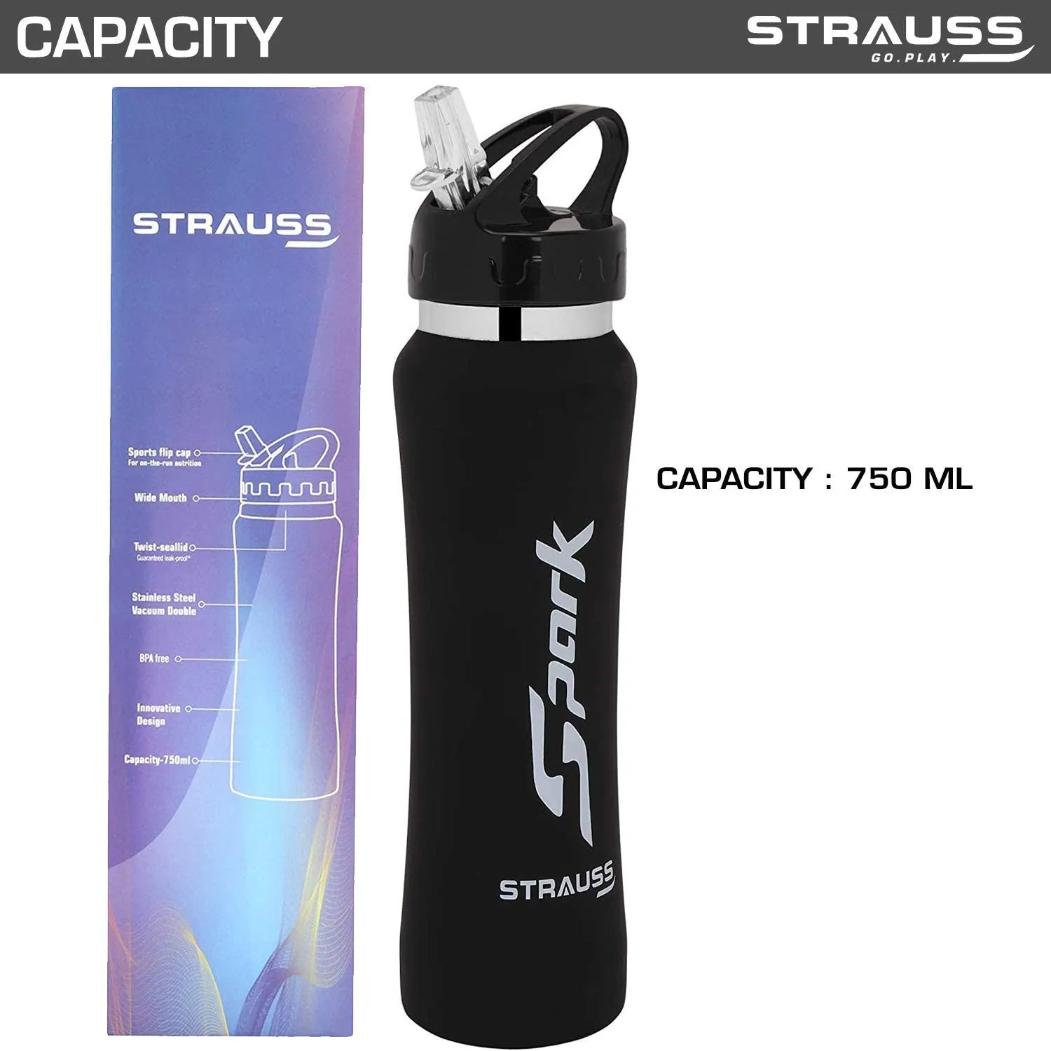 STRAUSS Spark Stainless-Steel Bottle | Leak-Proof Water Bottle | Water Bottle for Travel, Hiking, Trekking, Home, Office & School | Non-Toxic & BPA Free Steel Bottles | 750 ml,(Rubber Finish Black)