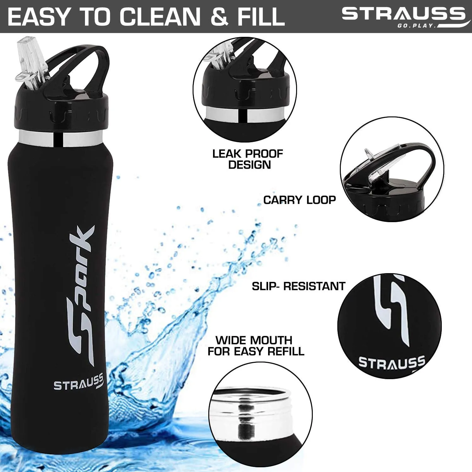 STRAUSS Spark Stainless-Steel Bottle | Leak-Proof Water Bottle | Water Bottle for Travel, Hiking, Trekking, Home, Office & School | Non-Toxic & BPA Free Steel Bottles | 750 ml,(Rubber Finish Black)