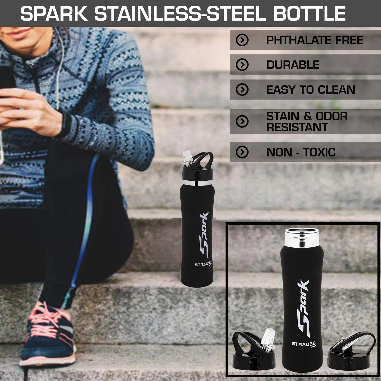 STRAUSS Spark Stainless-Steel Bottle | Leak-Proof Water Bottle | Water Bottle for Travel, Hiking, Trekking, Home, Office & School | Non-Toxic & BPA Free Steel Bottles | 750 ml,(Rubber Finish Black)