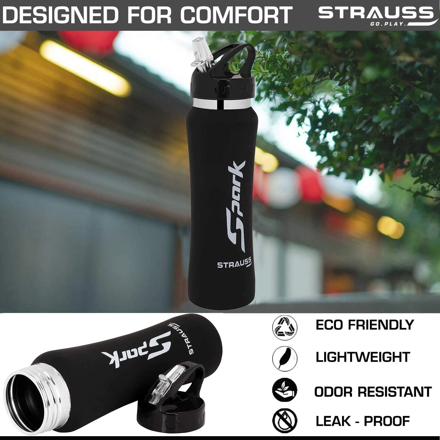 STRAUSS Spark Stainless-Steel Bottle | Leak-Proof Water Bottle | Water Bottle for Travel, Hiking, Trekking, Home, Office & School | Non-Toxic & BPA Free Steel Bottles | 750 ml,(Rubber Finish Black)