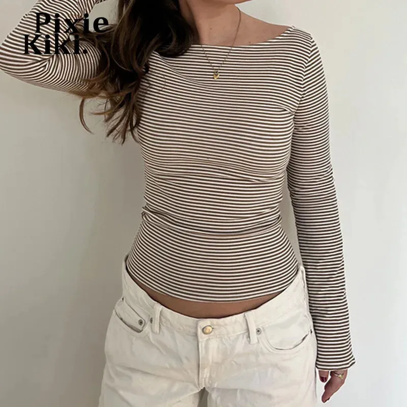 Striped Basic T Shirts for Women Clothing Sexy Backless Long Sleeve Cropped Top Fall 2024 P84-AI13