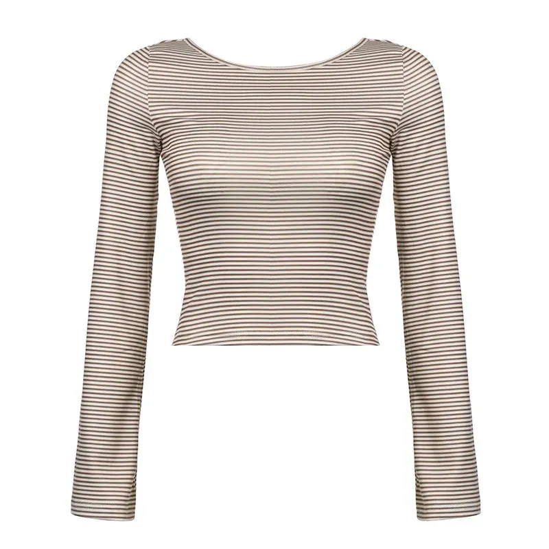 Striped Basic T Shirts for Women Clothing Sexy Backless Long Sleeve Cropped Top Fall 2024 P84-AI13