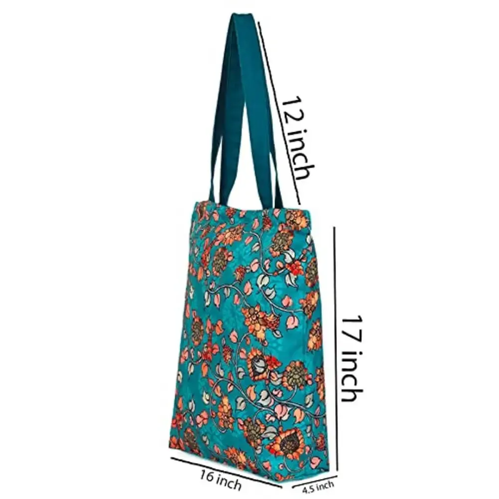 Tikuli Polyester Durable Canvas Large Size Printed Tote Bag for Women with ZIP (Aqua Blue -1)