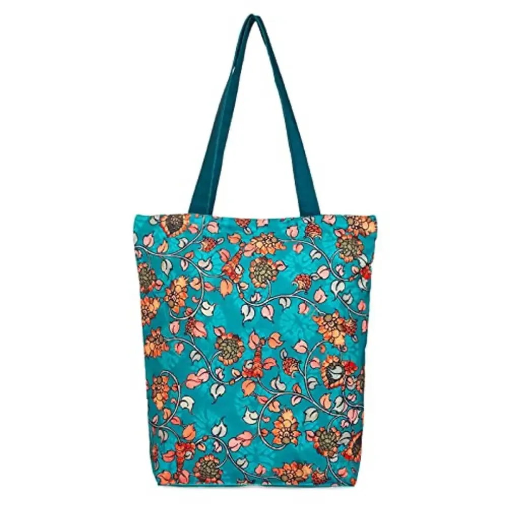 Tikuli Polyester Durable Canvas Large Size Printed Tote Bag for Women with ZIP (Aqua Blue -1)