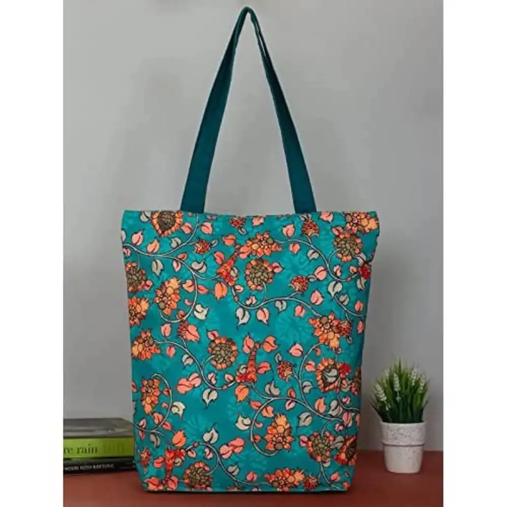 Tikuli Polyester Durable Canvas Large Size Printed Tote Bag for Women with ZIP (Aqua Blue -1)