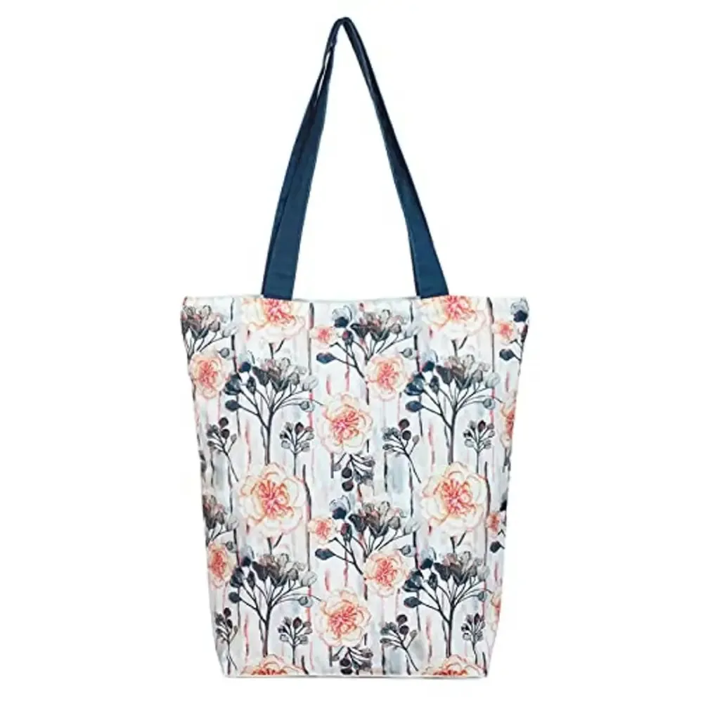 Tikuli Polyester Durable Canvas Large Size Printed Tote Bag for Women with ZIP (Beige Multi -2)