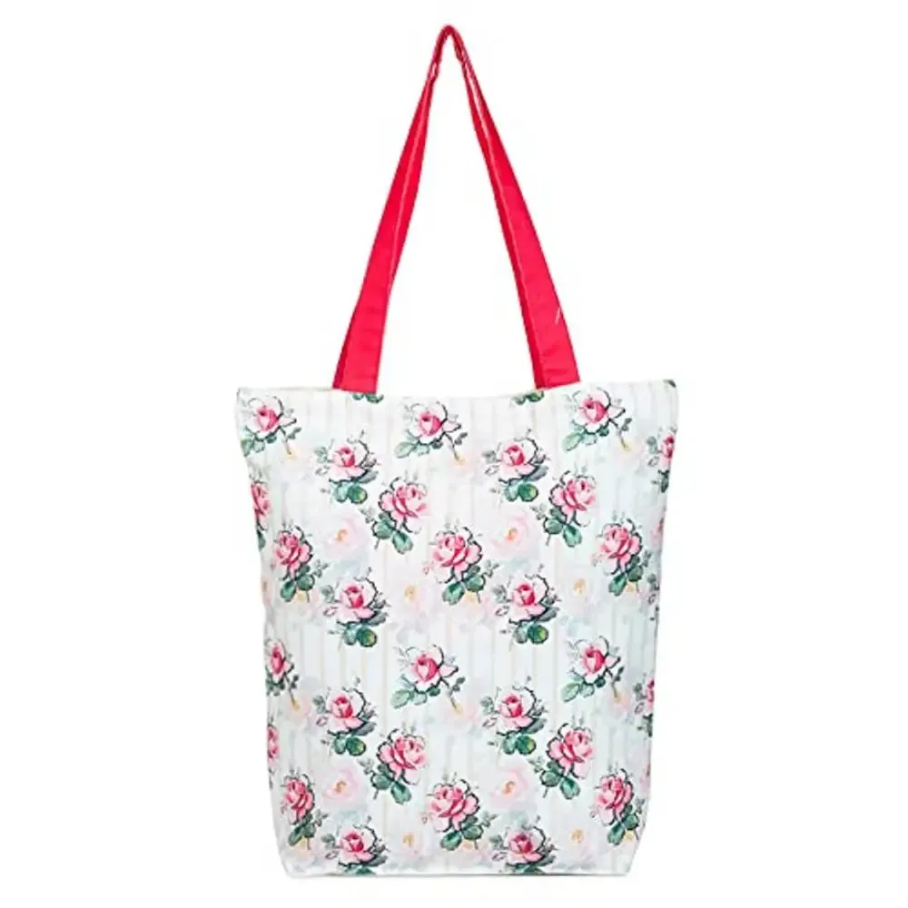 Tikuli Polyester Durable Canvas Large Size Printed Tote Bag for Women with ZIP (Beige Multi)