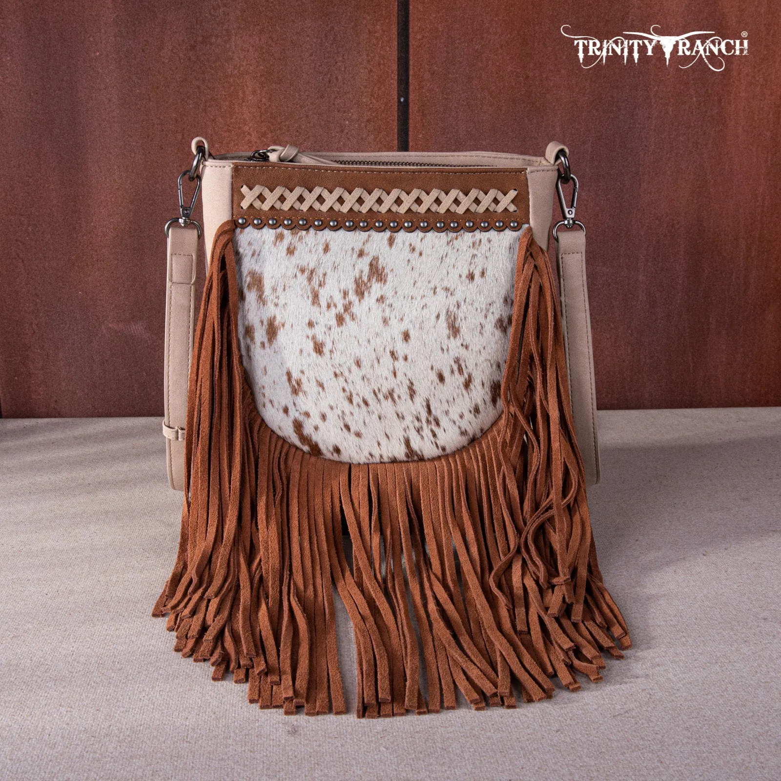 TR171-8360  Trinity Ranch Hair-On Cowhide Fringe Crossbody Bag -Tan