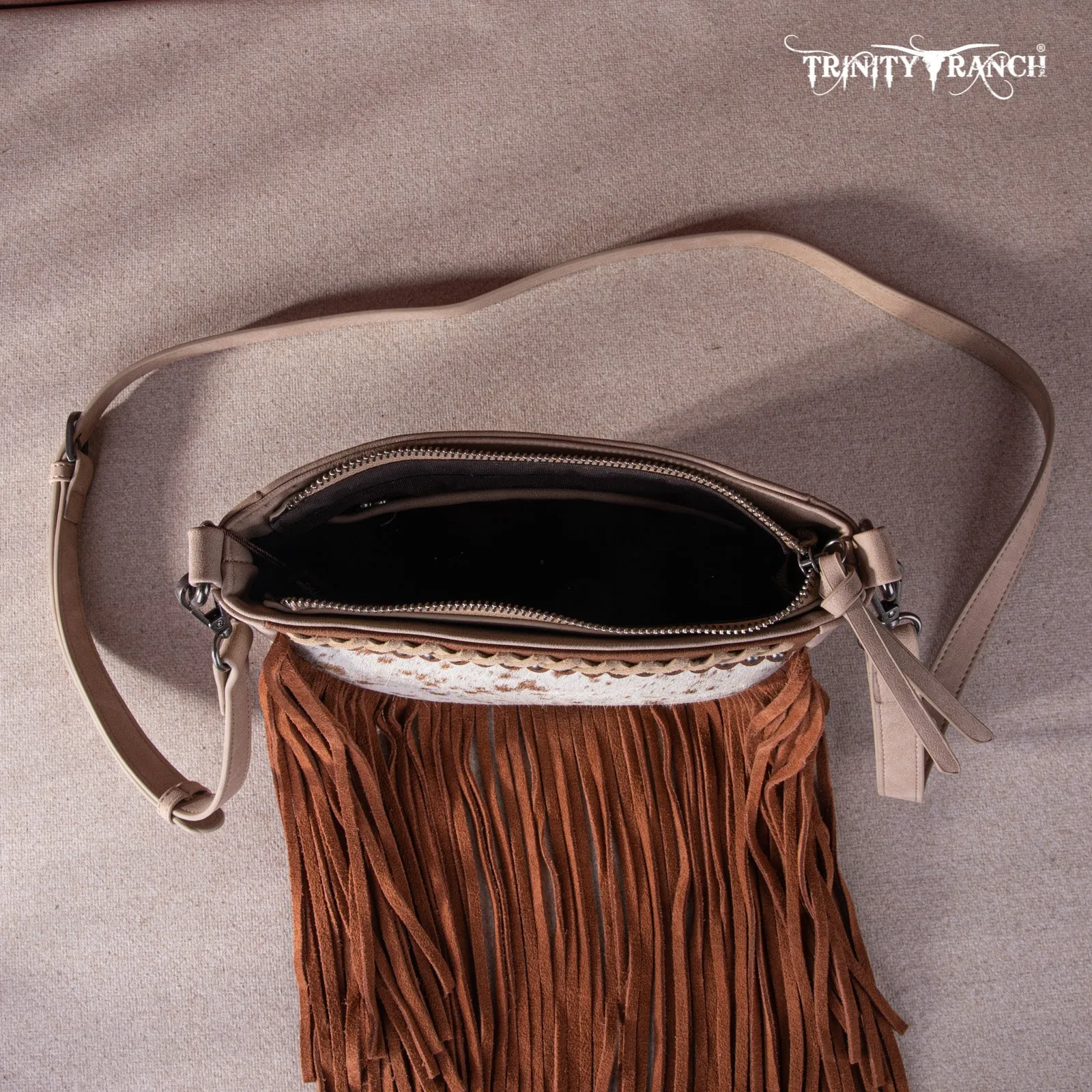 TR171-8360  Trinity Ranch Hair-On Cowhide Fringe Crossbody Bag -Tan