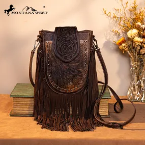 TR180-8360  Trinity Ranch Genuine Hair-On Cowhide Tooled Fringe  Crossbody Bag- Coffee