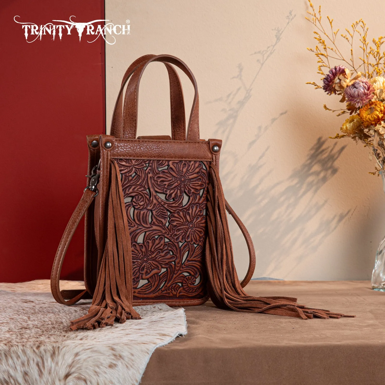 TR188-160   Trinity Ranch Floral Tooled Fringe Mini Tote/Crossbody