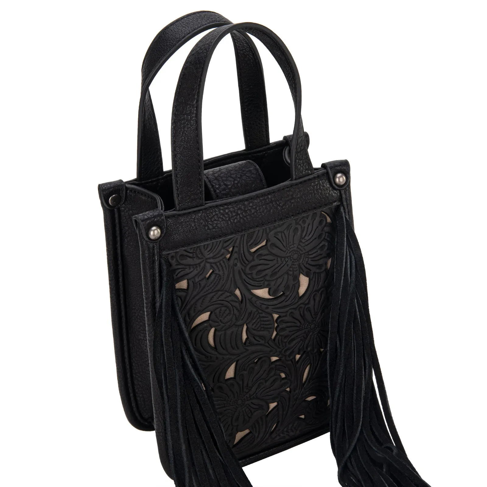 TR188-160   Trinity Ranch Floral Tooled Fringe Mini Tote/Crossbody