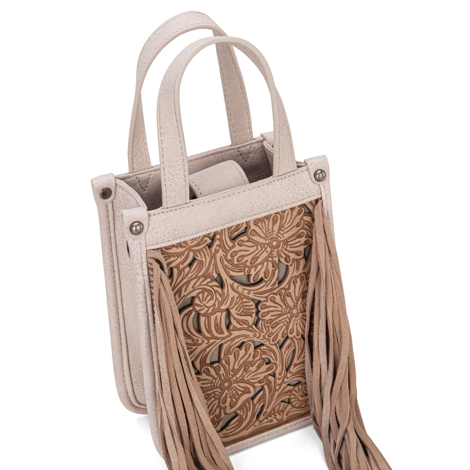 TR188-160   Trinity Ranch Floral Tooled Fringe Mini Tote/Crossbody