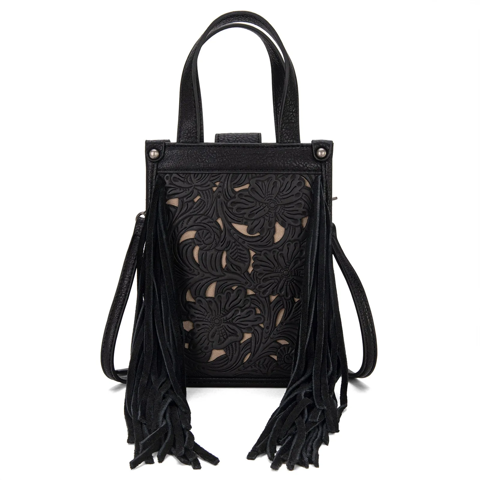 TR188-160   Trinity Ranch Floral Tooled Fringe Mini Tote/Crossbody