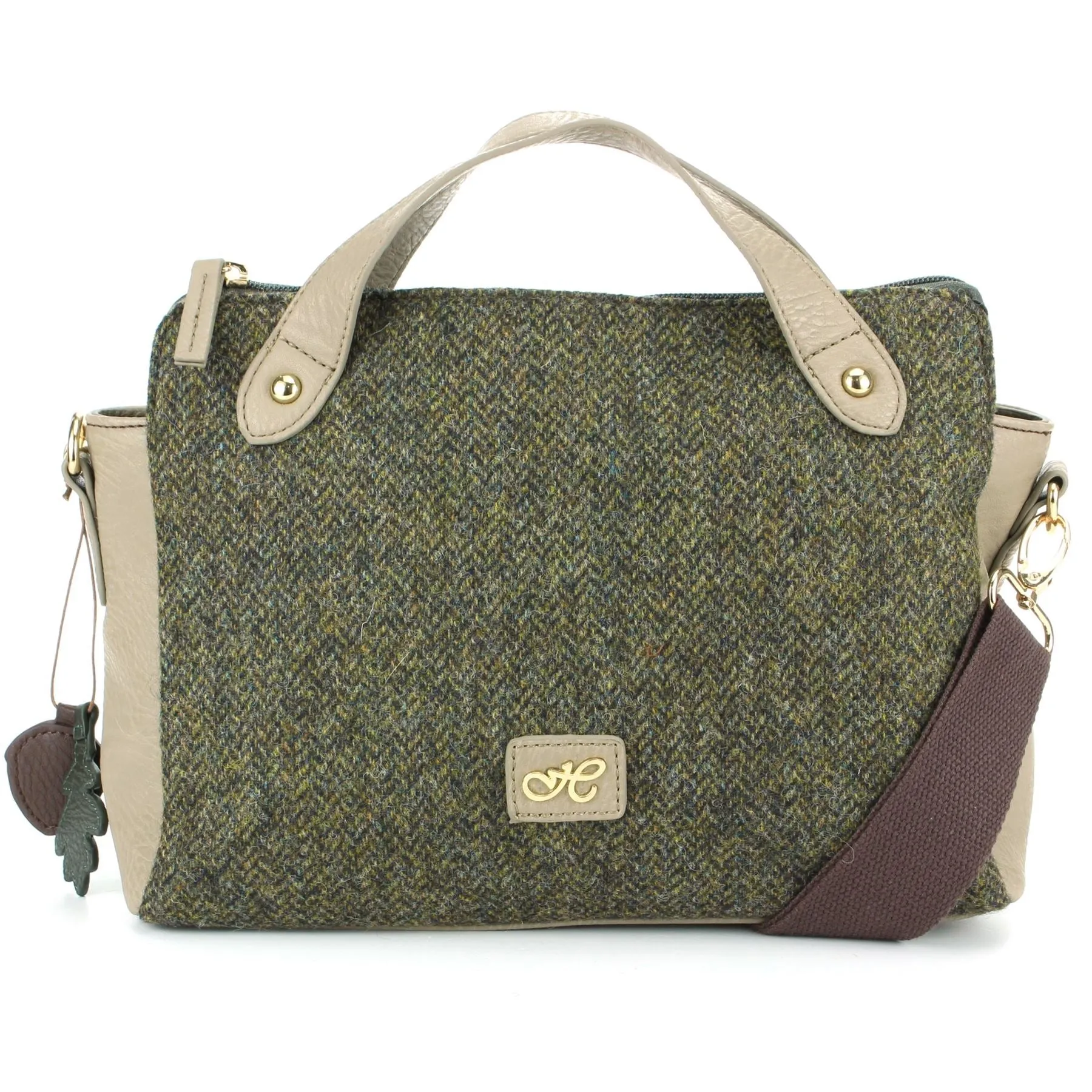 Tweed Cross Body Messenger Shoulder Satchel Bag Handbag - Green & Brown