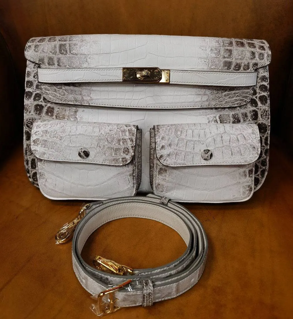 Unisex Crocodile Leather Padlock  Messenger Cross Body Shoulder Bag  Himalaya White