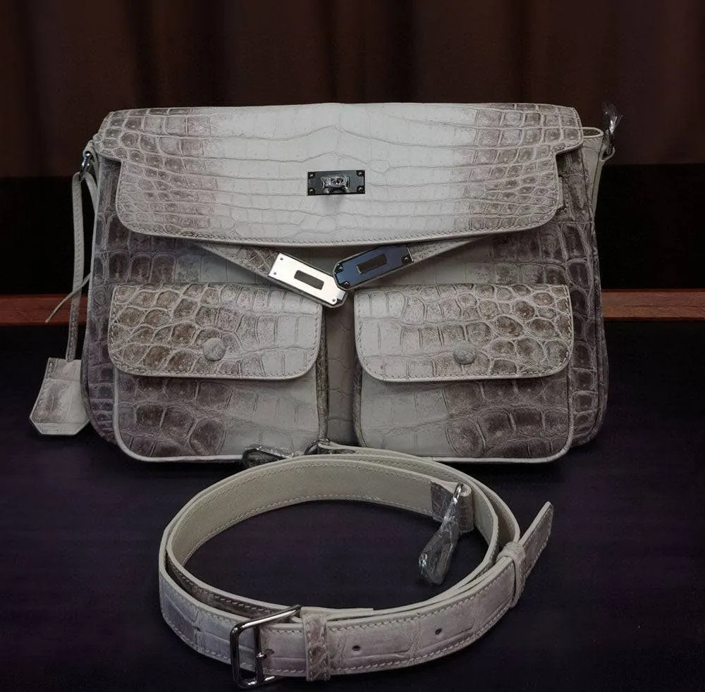 Unisex Crocodile Leather Padlock  Messenger Cross Body Shoulder Bag  Himalaya White