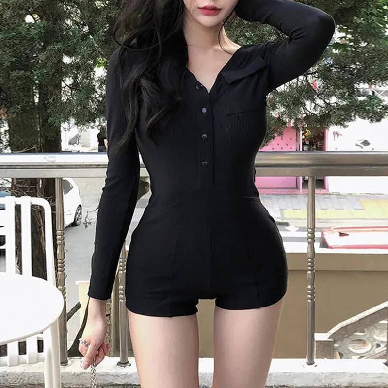 V Neck Black Buttons Bodycon Summer Playsuit Women Casual Long Sleeve Autumn Bodysuit Korean Rompers Sporty Clothing