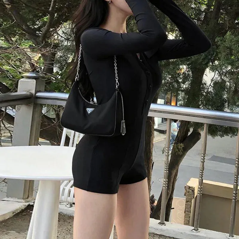 V Neck Black Buttons Bodycon Summer Playsuit Women Casual Long Sleeve Autumn Bodysuit Korean Rompers Sporty Clothing