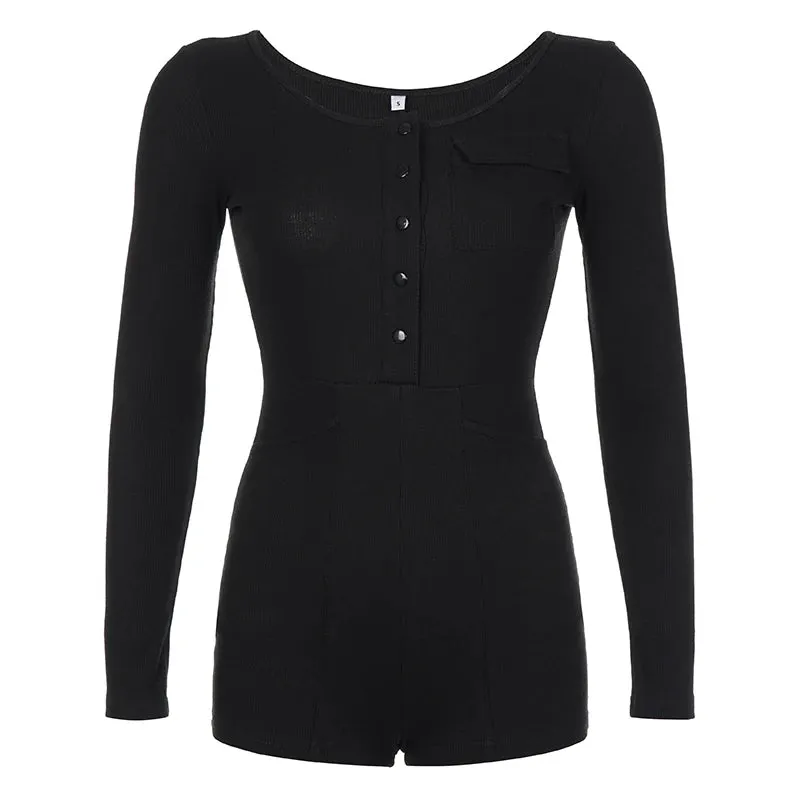 V Neck Black Buttons Bodycon Summer Playsuit Women Casual Long Sleeve Autumn Bodysuit Korean Rompers Sporty Clothing