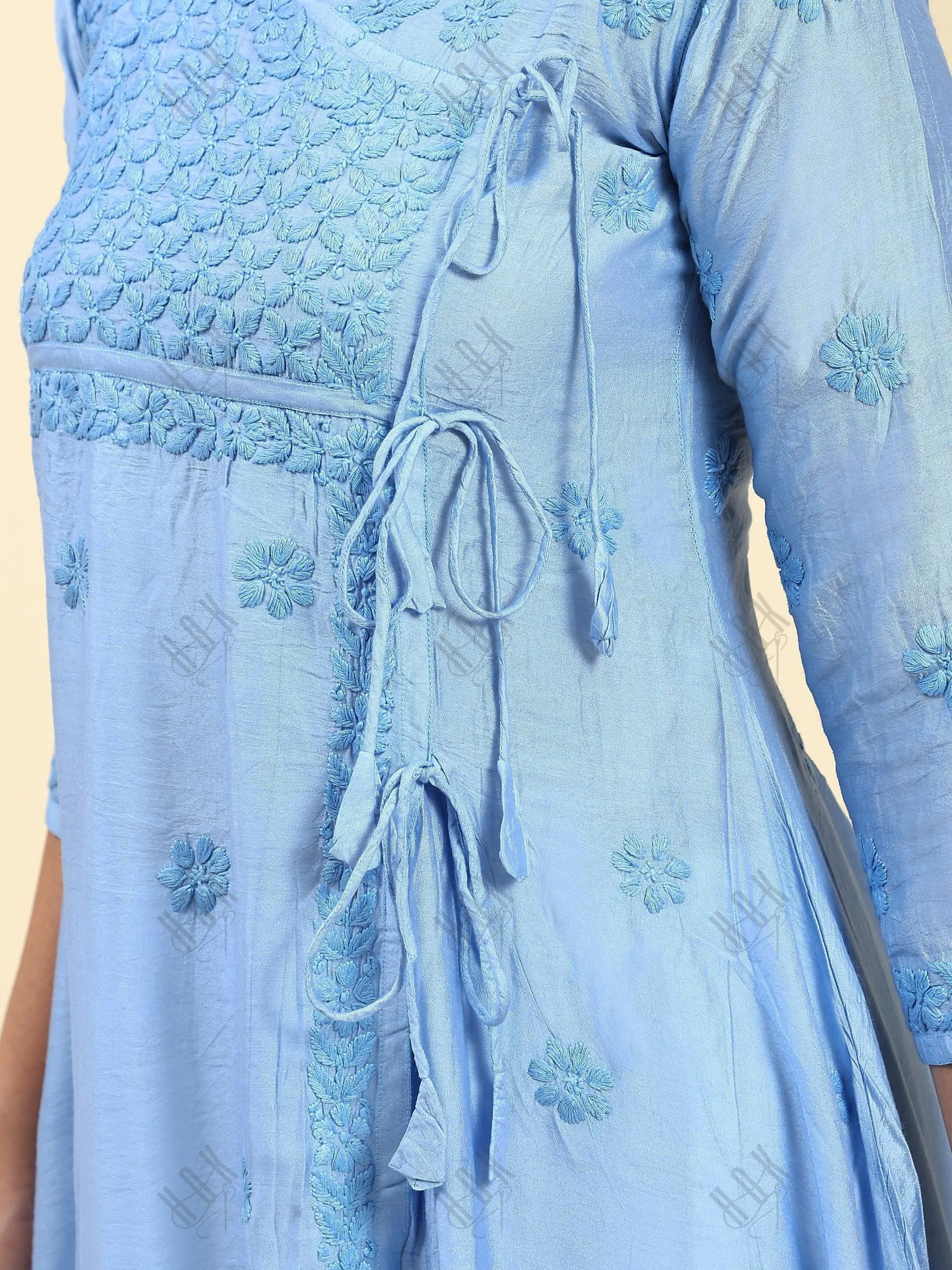 Vani in HOK Chikankari Angrakha Long Kurta  in Chanderi Silk for Women - Blue