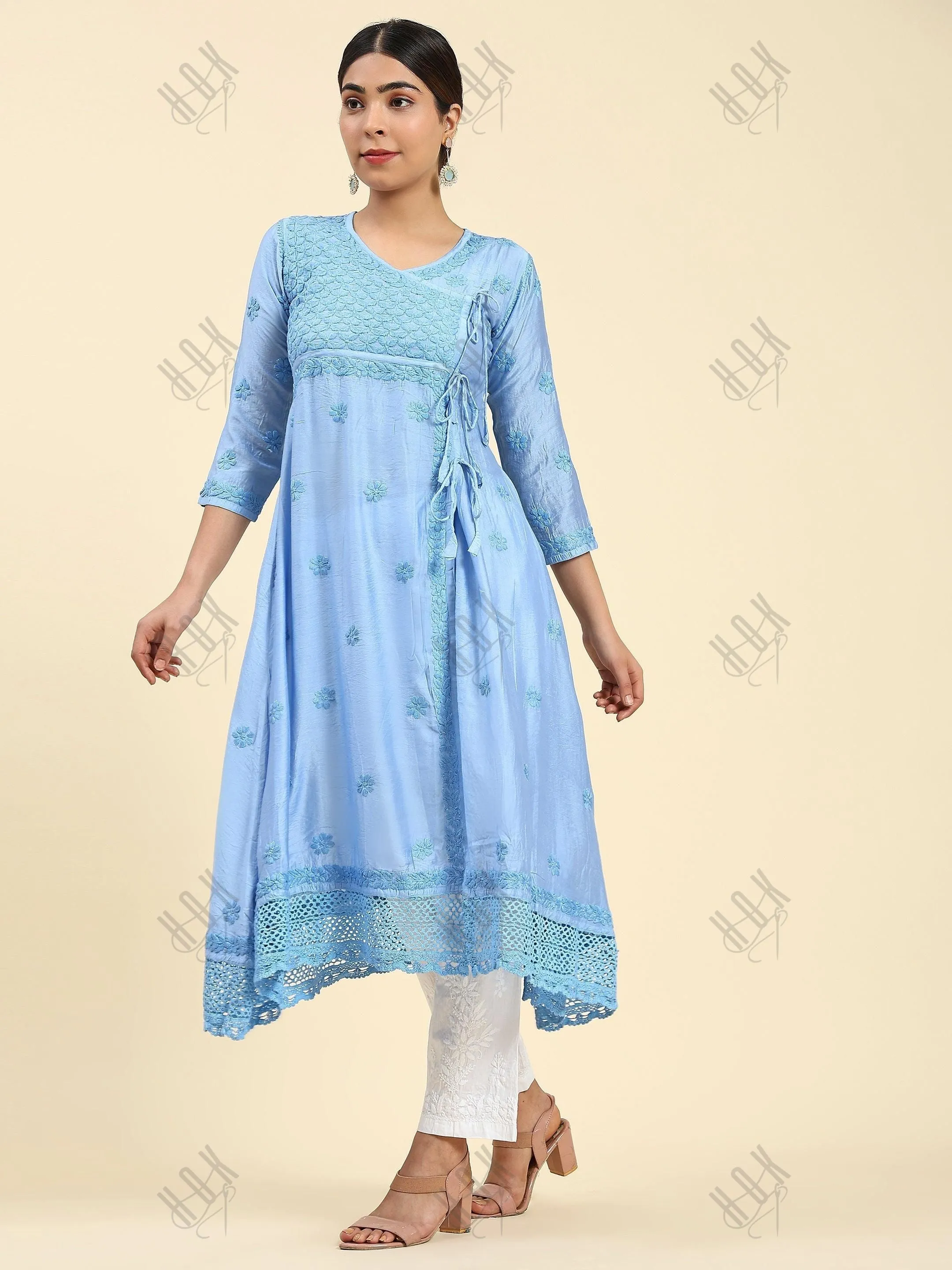 Vani in HOK Chikankari Angrakha Long Kurta  in Chanderi Silk for Women - Blue