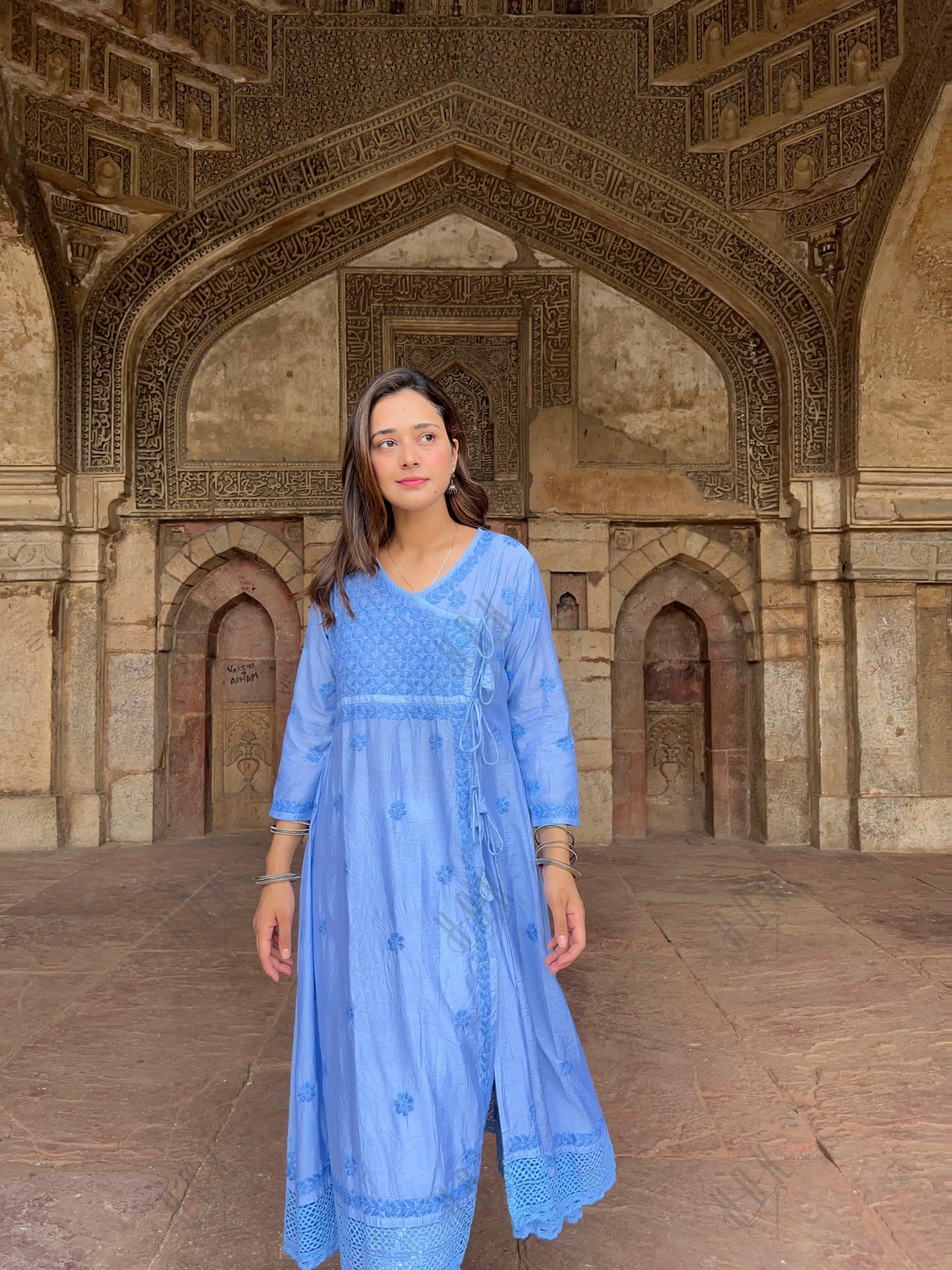 Vani in HOK Chikankari Angrakha Long Kurta  in Chanderi Silk for Women - Blue