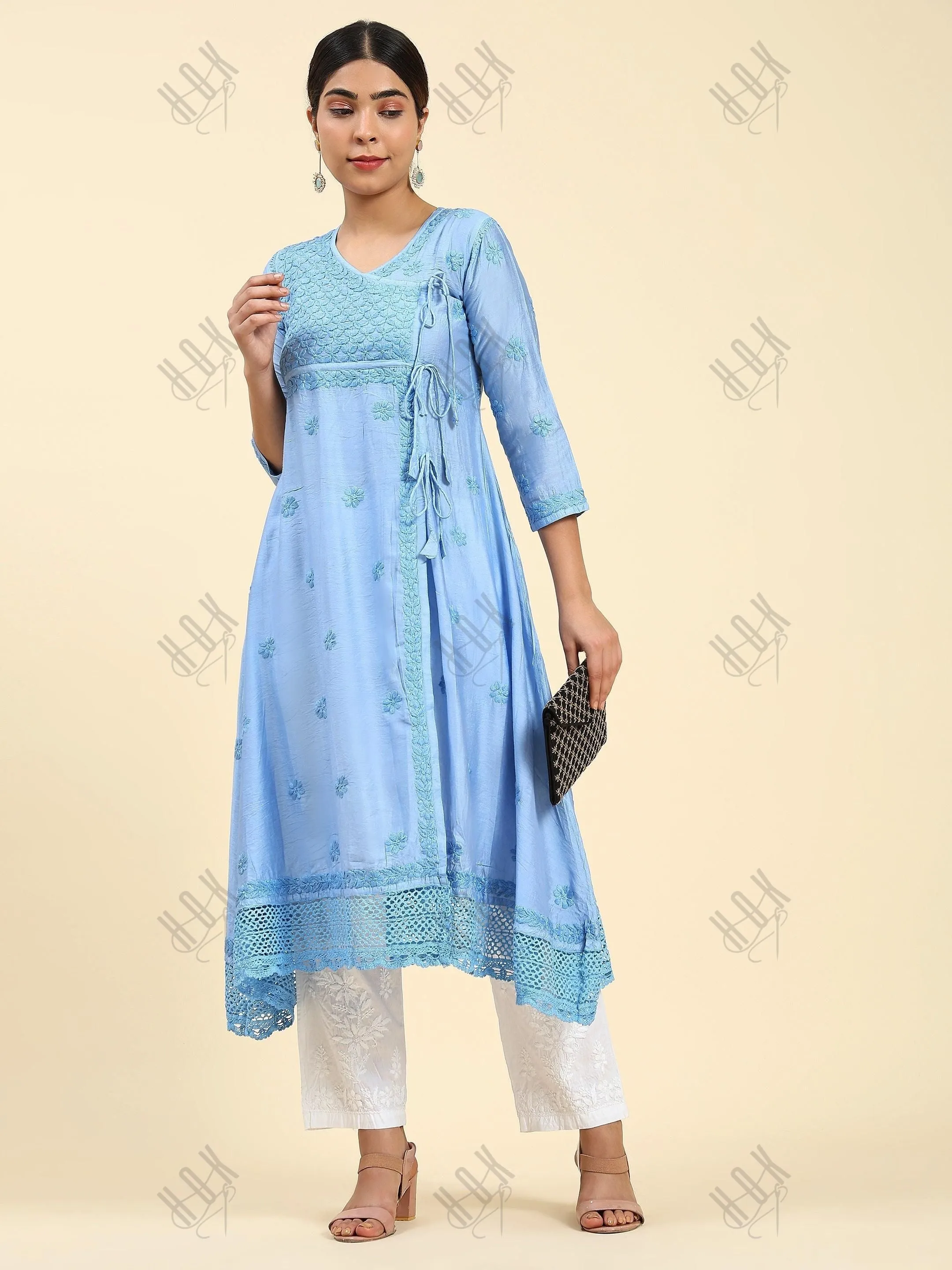 Vani in HOK Chikankari Angrakha Long Kurta  in Chanderi Silk for Women - Blue