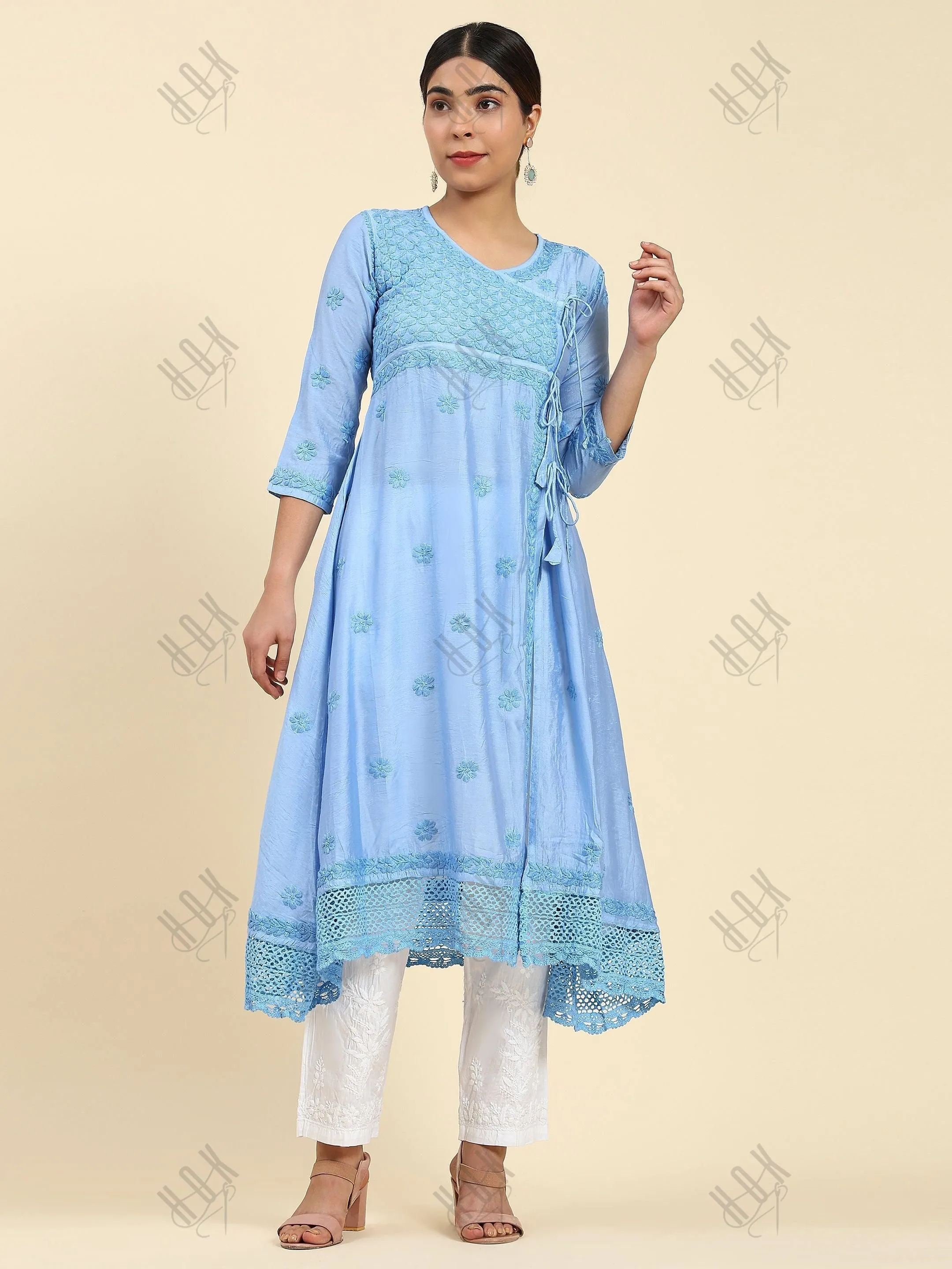 Vani in HOK Chikankari Angrakha Long Kurta  in Chanderi Silk for Women - Blue