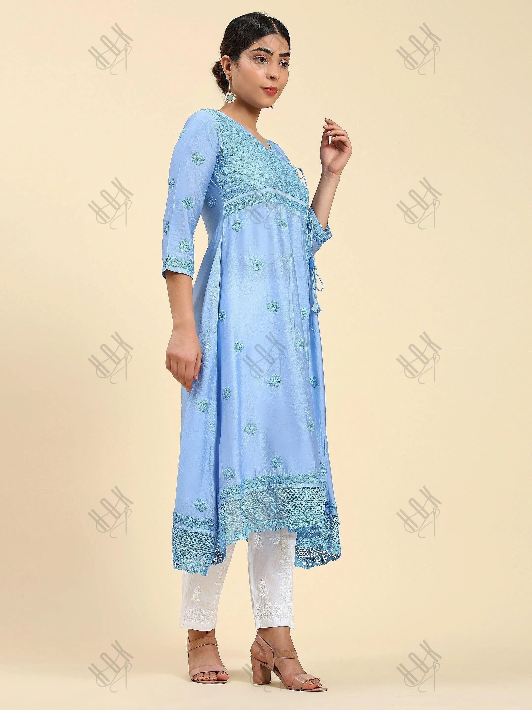 Vani in HOK Chikankari Angrakha Long Kurta  in Chanderi Silk for Women - Blue