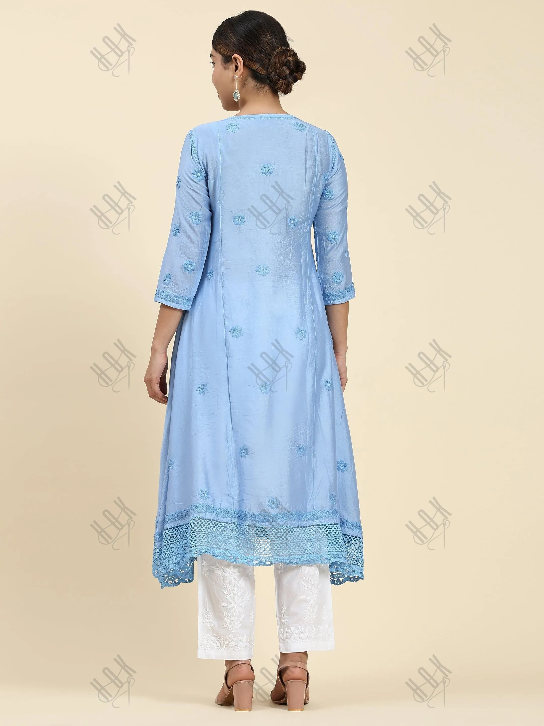 Vani in HOK Chikankari Angrakha Long Kurta  in Chanderi Silk for Women - Blue