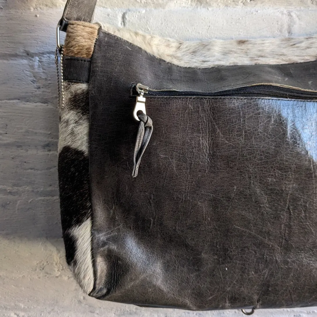 Vintage Leather Cowhide Messenger Bag Fur Boho Chic Satchel Laptop Crossbody