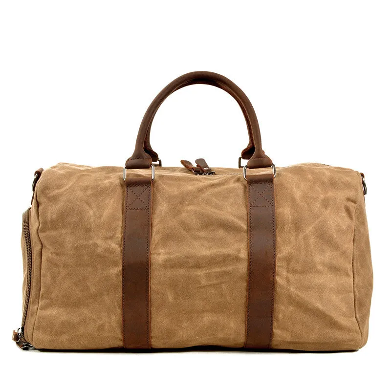 Waxed Canvas Leather Travel Bag Duffle Bag Weekender Bag with Shoe Pouch