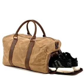 Waxed Canvas Leather Travel Bag Duffle Bag Weekender Bag with Shoe Pouch